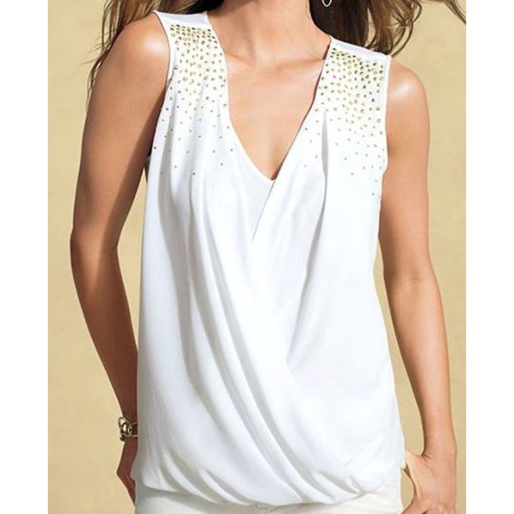 Cache Sleeveless Top Ivory Gold Studded V-Neck‎ Criss Cross Blouse Size S
